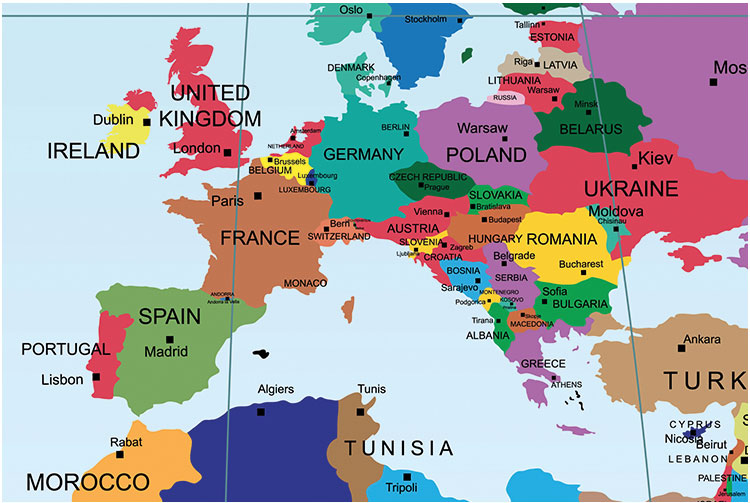 Cartina geografica dell'Europa senza l'Italia.