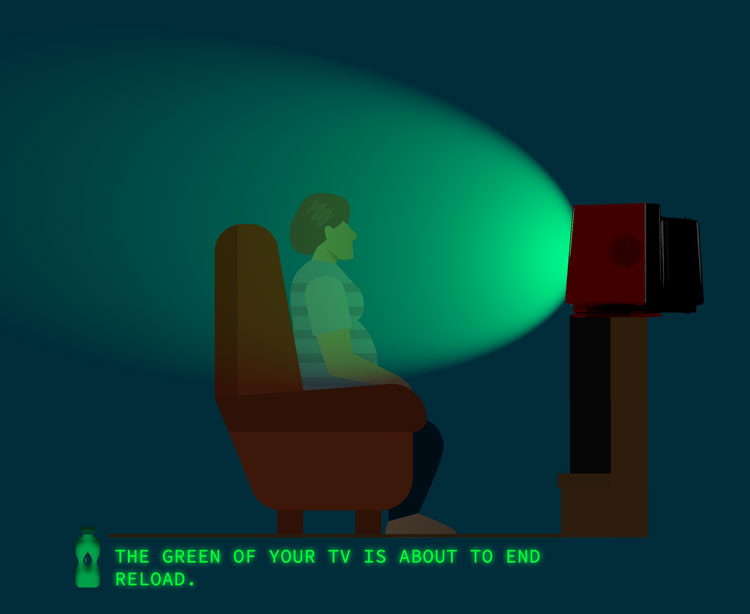 A man looks at the TV, dispersing the green in the environment.