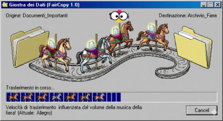 Finestra di sistema operativo retro-futurista con cavalli da giostra che trasportano file su una barra di caricamento.