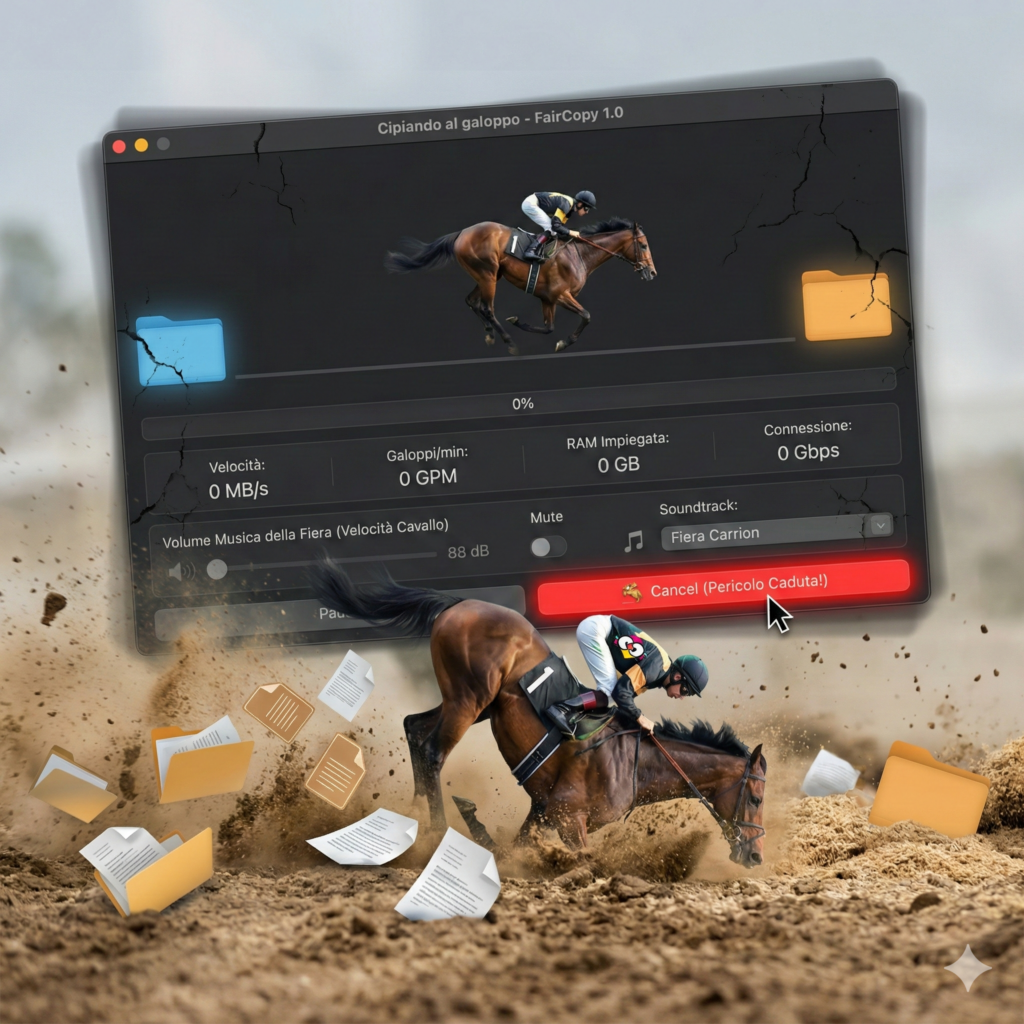 Crash sequence: horse falling and data files scattered on the ground with "Cancel" button highlighted in red.